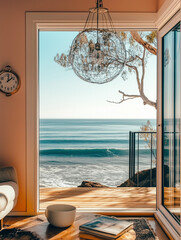magazine style photo-like, 8k high resolution, pop art house, white gray tone, chill lifestyle, comfortable and neat, ocean atmosphere, close-up shot, minimalist and background.