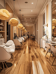 interior of restaurant, modern decoration with light brown and white tone, cozy with wood floor