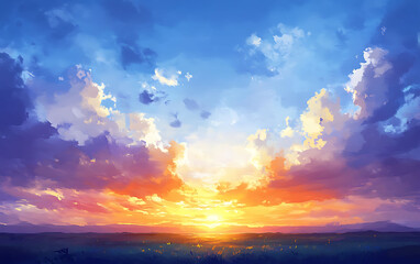 Obraz premium A vibrant sunset paints the sky with hues of orange, pink, and purple, casting a warm glow over a distant horizon.