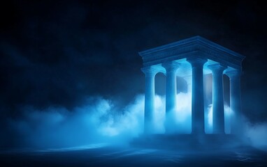 Fototapeta premium A mystical structure emerges from eerie blue mist, creating an enchanting and surreal atmosphere that captivates the viewer.