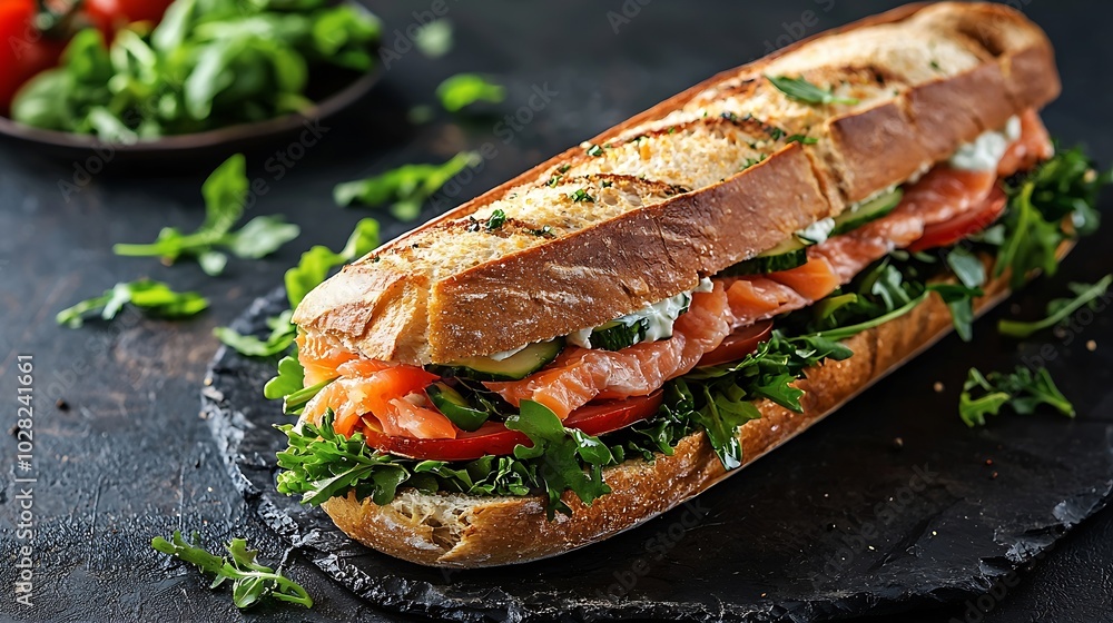 Poster sandwich with salmon vegetables and cream cheese on plate dark background close up top view : genera