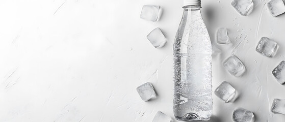A bottle of water with ice cubes on a white background.