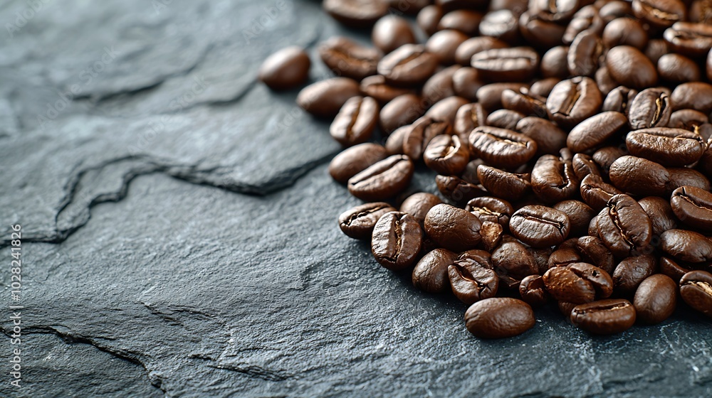 Poster coffee beans on grey slate background close up copy space : generative ai