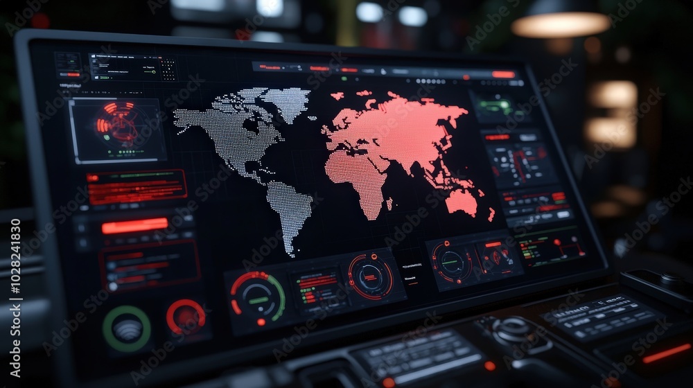 Poster global network digital map interface with red highlighted region futuristic technology