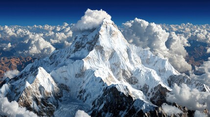 Obraz premium Majestic Snowy Mountain Peak with Cloudscape Aerial View