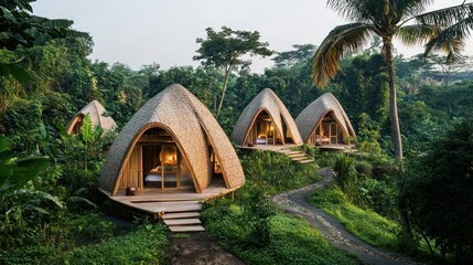 Sustainable lodges in a tropical Asian landscape, built using bamboo and other renewable materials, offering travelers an eco-friendly experience close to nature