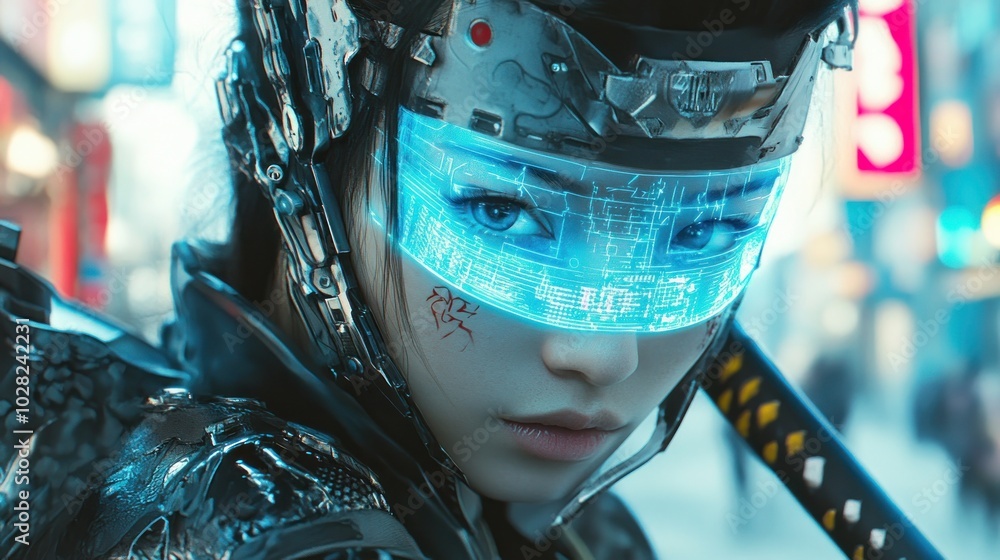 Poster a futuristic character with a high-tech visor and cybernetic enhancements in an urban setting.