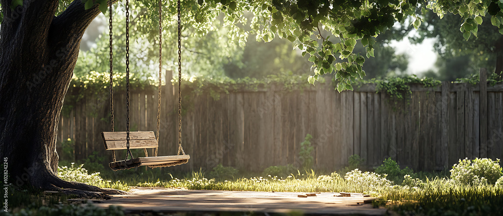Poster a wooden swing hangs from a large tree in a serene backyard setting. the swing is empty and appears 