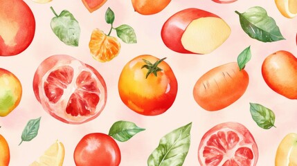 Watercolor Painting of Assorted Fruits and Leaves