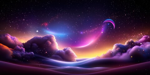 Obraz premium A stunning purple galaxy background filled with swirling nebula clouds and glowing stars in vibrant hues.