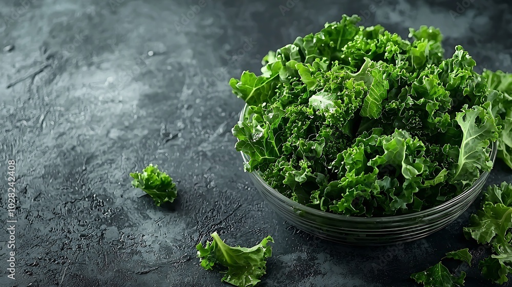 Aufkleber fresh kale leaves salad on grey background copy space : generative ai