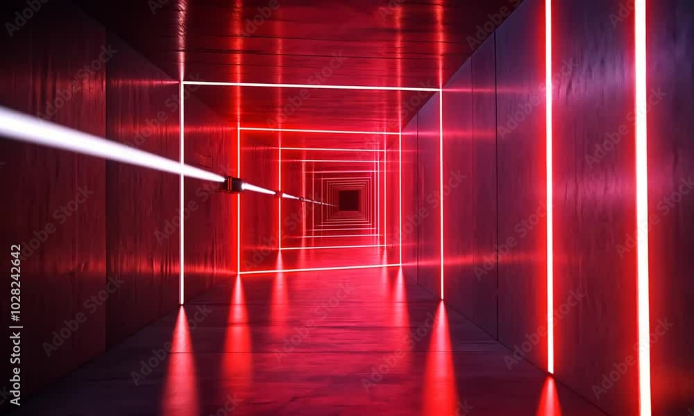 Poster a futuristic corridor illuminated by red neon lights creating a sense of depth and perspective.