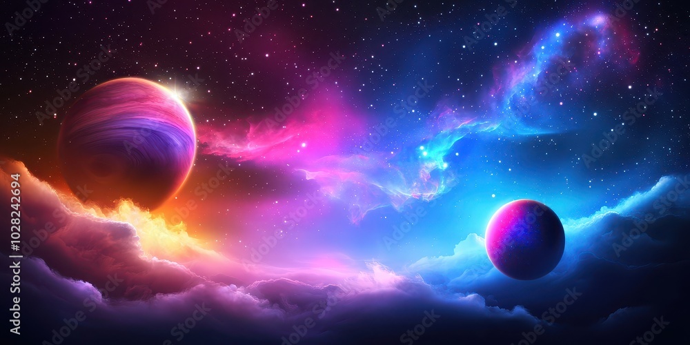 Poster a vibrant galaxy space background with glowing stars and cosmic dust, creating a mesmerizing outer s