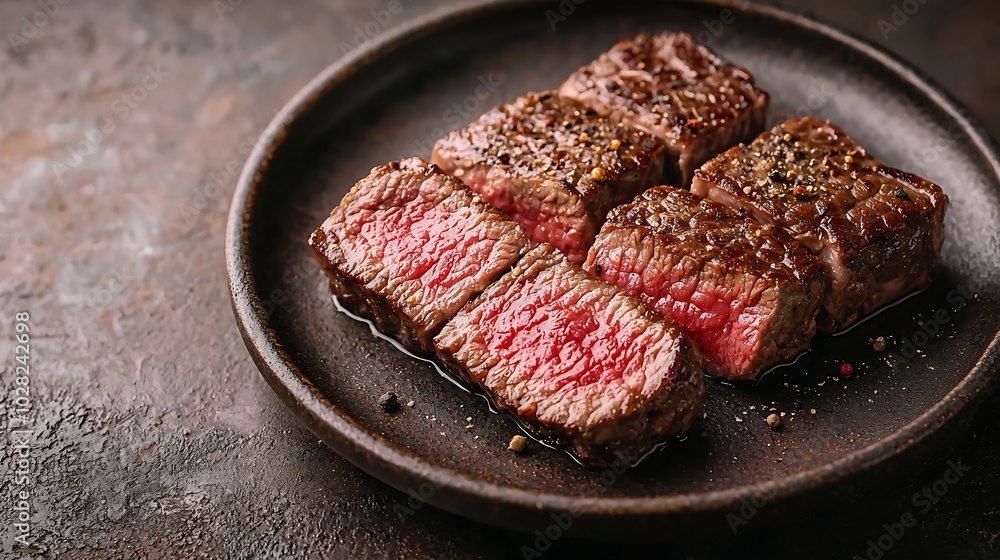 Poster beef steak meat medium rare on plate dark background copy space top view : generative ai