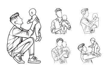Cheerful baby and foster father illustrated in minimalist style