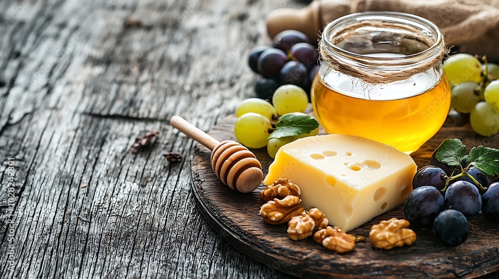 Poster cheese plate with honey nuts and grape on a wooden background : generative ai