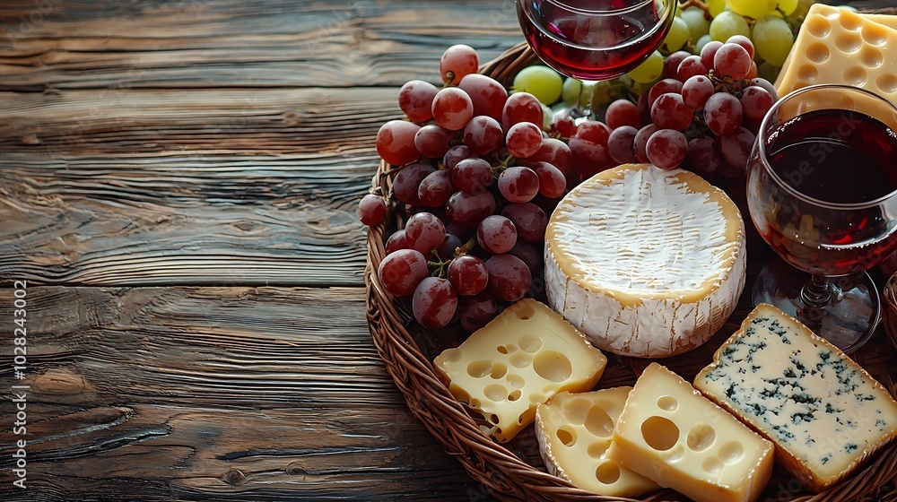 Poster assortment of cheese grapes with red wine in glasses wooden background top view : generative ai