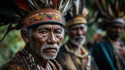 Obraz premium Tribal elders in Asia dressed in elaborate, handwoven garments with feathered headdresses, preparing for a cultural festival that celebrates their heritage