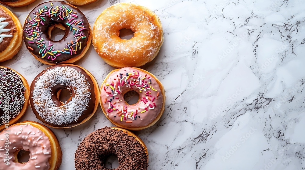 Poster assortment of donuts marble background close up : generative ai