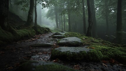 Obraz premium Moss-Covered Stone Path Through a Misty Forest