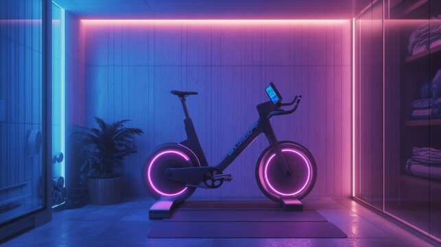 Modern black stationary bike with pink and blue neon lighting in a room.