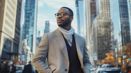 A modern urban professional standing in the heart of the city, casual yet stylish business attire, with skyscrapers and busy streets in the background, confident demeanor