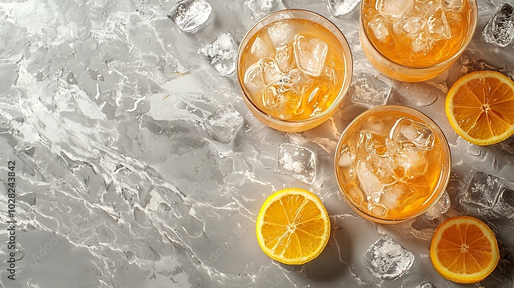 Poster lemon ice tea grey background top view : generative ai