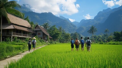 Visitors exploring a picturesque rice-farming village in Southeast Asia, walking through the lush green fields while locals demonstrate ancient farming techniques