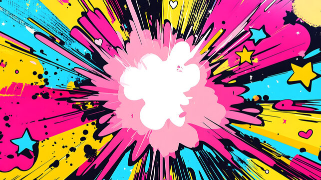 A colorful abstract background with a white circle in the center and a star and heart pattern on the background.