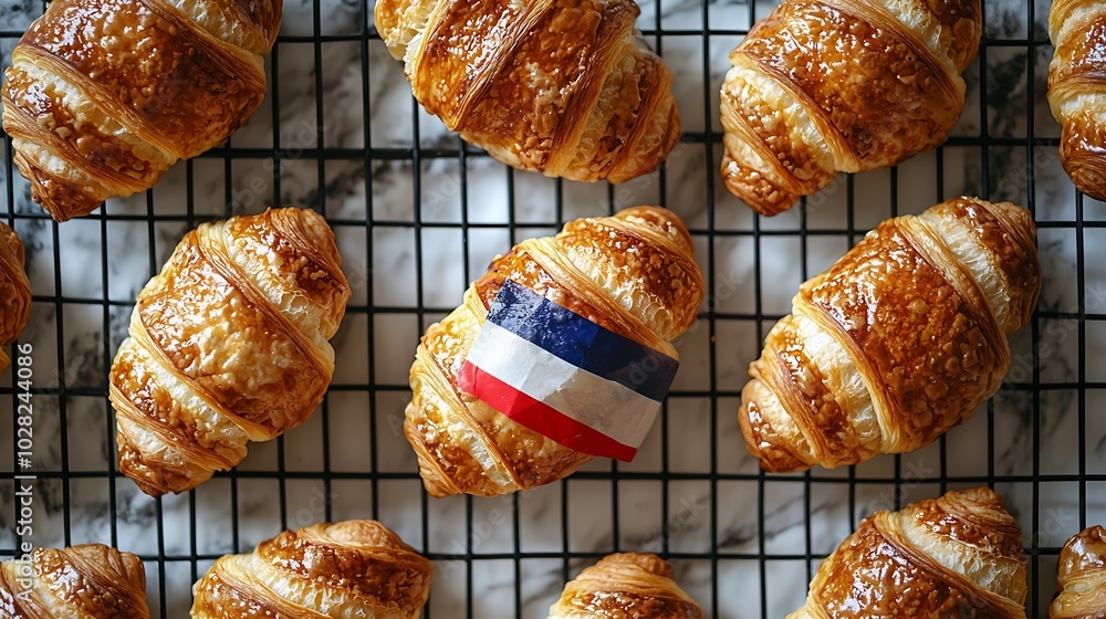 Poster croissants with french flag on cooling rack marble background top view : generative ai