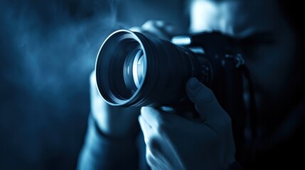 Paparazzi photographers hide in the shadows using long zoom lenses to spy on subjects from a distance. The photographer is still hiding.  In a mysterious and intense atmosphere with a wide scene Empha