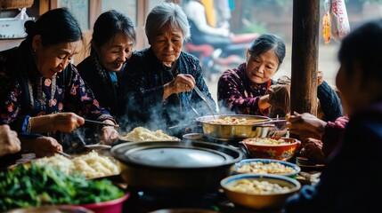 Fototapeta premium Visitors staying with host families in a small Asian town, taking part in local rituals, preparing traditional meals, and engaging in meaningful cultural exchange