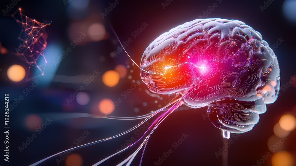 Poster an ai-powered brain model with data streams flowing through it, representing the fusion of technolog