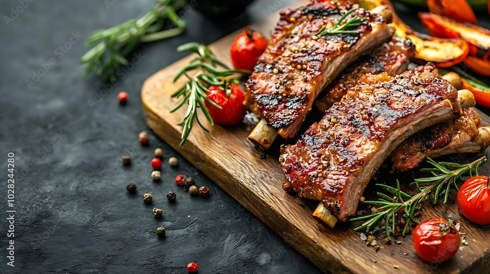 Poster Lamb ribs grilled on cutting board with roasted vegetables Black background Top view Copy space : Generative AI