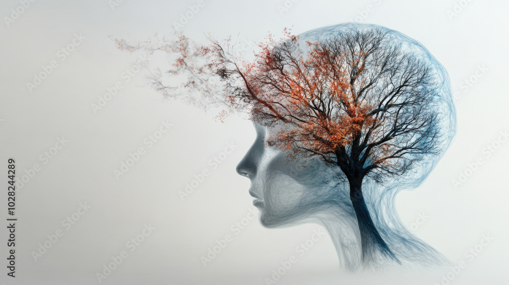 Poster abstract brain design featuring silhouette of head intertwined with tree, symbolizing creativity and