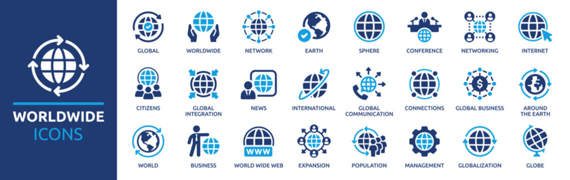 Worldwide icon set. Containing world, international, global, earth, network, sphere and globe. Solid vector icons collection.
