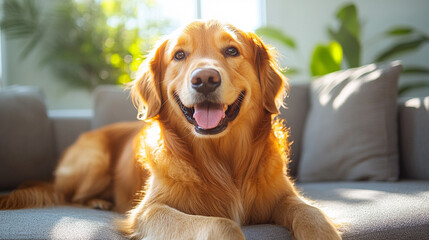 Golden Retriever lies comfortably on a cozy sofa, radiating warmth and contentment. The dog’s relaxed posture and friendly expression symbolize companionship, loyalty, and the simple joys of life