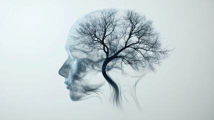 image features abstract design of human head with tree integrated into silhouette, symbolizing connection between nature and mind. This artistic representation evokes sense of tranquility and