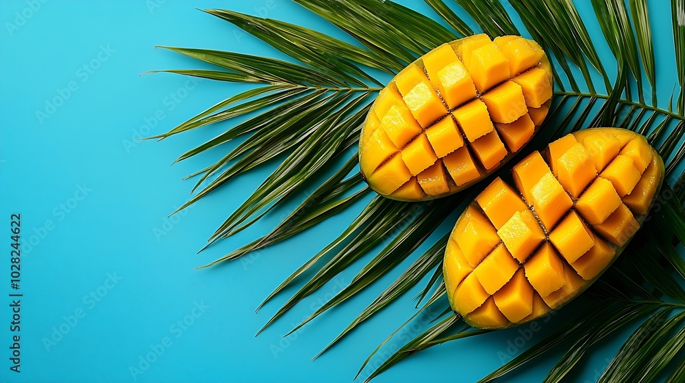Poster fresh mango organic product on a palm leaf blue background copy space top view : generative ai
