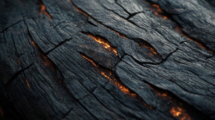 Glowing Embers Within Cracked Charred Wood