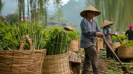 A bamboo plantation in rural Asia, where workers harvest bamboo using sustainable methods, processing it into construction materials and everyday products in a nearby workshop