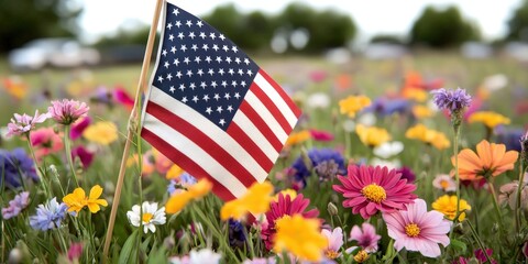American Flag in a Field of Wildflowers   Patriotic Summer Symbol