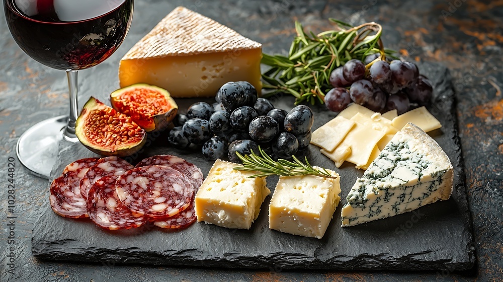 Poster cheese assortment on slate cutting board with red wine grey background top view : generative ai