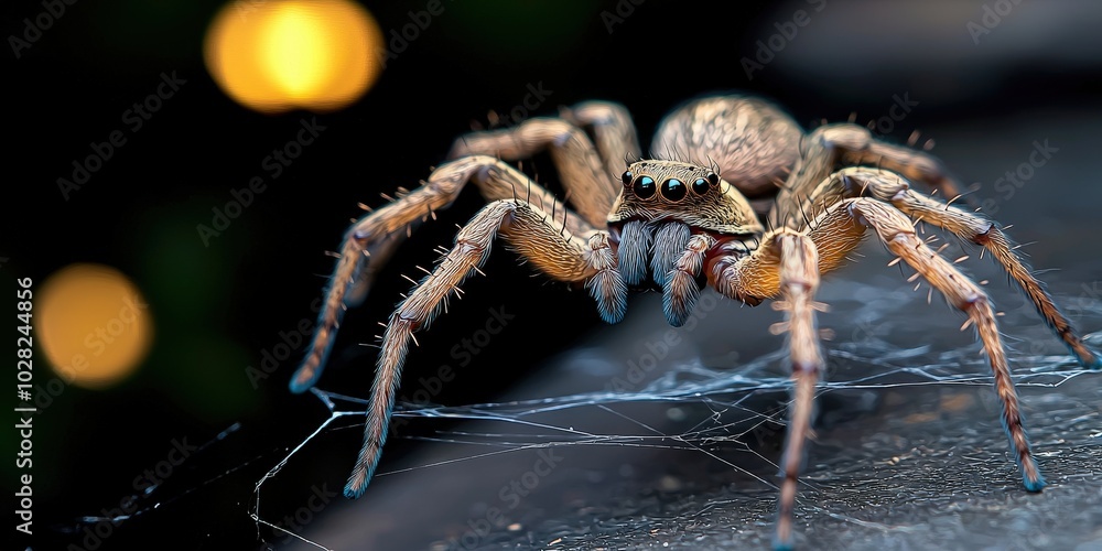 Poster closeup macro photography of a huntsman spider with intricate web and fuzzy legs