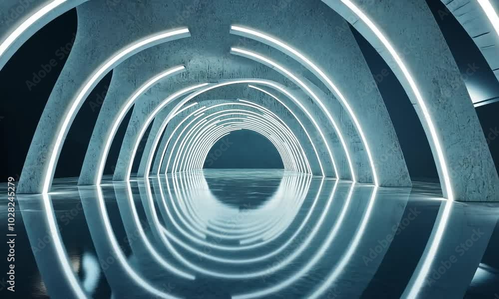 Aufkleber a futuristic tunnel with illuminated circular patterns reflecting on a smooth surface.