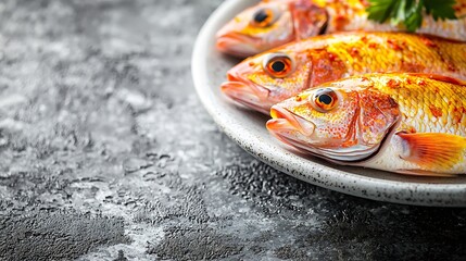 Red mullet fish on a white plate on a grey stone background : Generative AI