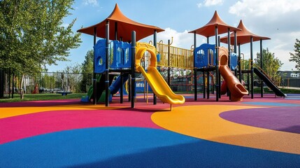 A playground with rubber flooring, offering a soft and safe surface for kids to play, with vibrant colors and cushioning to prevent injuries from falls