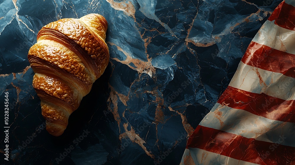 Poster croissants with french flag marble background top view : generative ai
