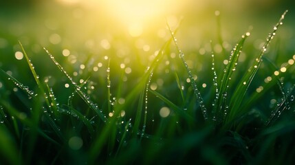 2408 102.A close-up of lush green grass covered in sparkling dew drops, each droplet reflecting the early morning sunlight. The shallow depth of field blurs the background, enhancing the sharp