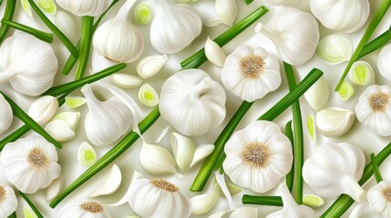 White Garlic Cloves and Green Stalks on a White Background